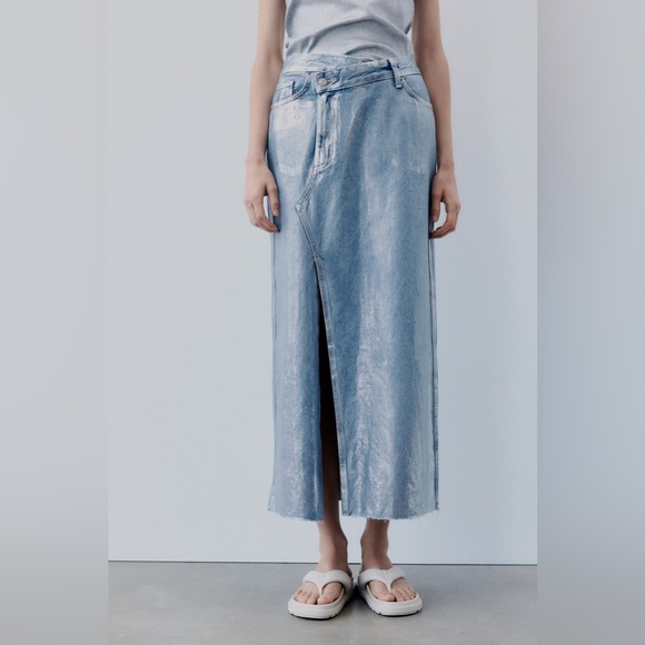 New Zara Silver Metallic Denim Asymmetric Midi Skirt 6045/017 Small Medium - Picture 2 of 10